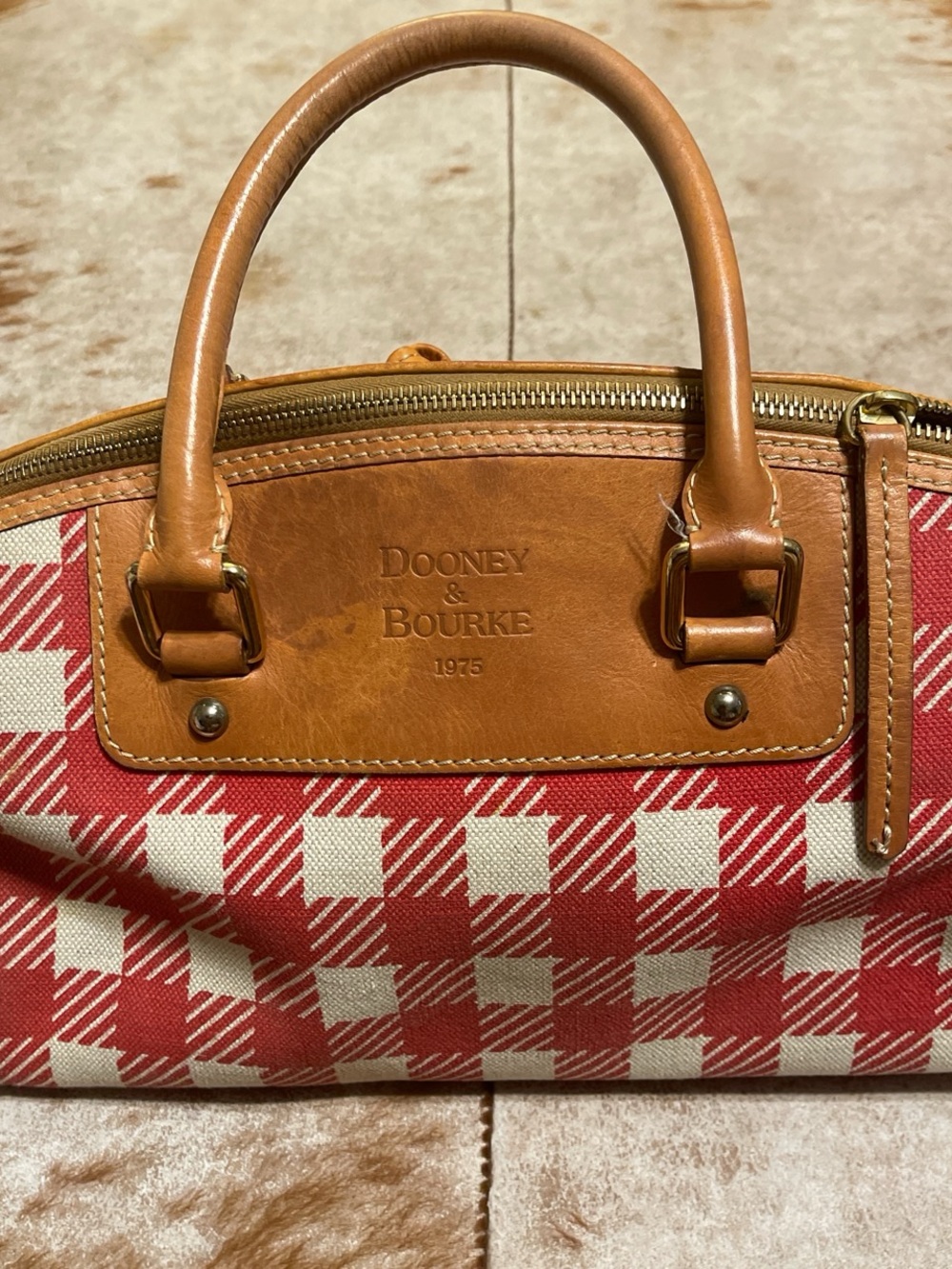 Vintage Dooney & Bourke Red and Cream Gingham Satchel with Brown Leather Trim